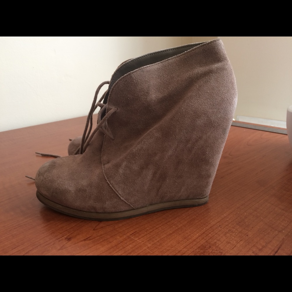 Taupe lace up wedge booties